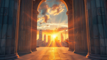 Sunburst Archway Framing a Modern City Skyline for Branding and Marketing Designsの素材