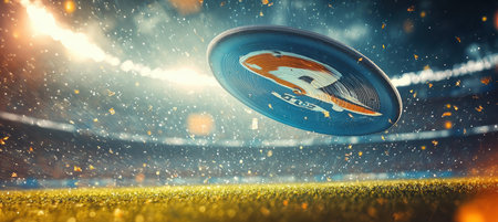 Dynamic Frisbee Flight: Aerodynamic Design and Team Logo in Action Under Stadium Lightsの素材
