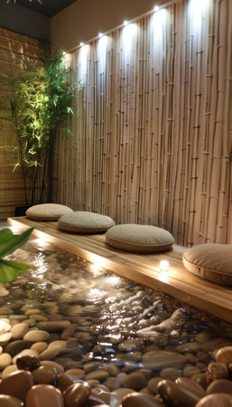 Serene Meditation Space with Bamboo Decor and Waterfall for Tranquility and Relaxationの素材