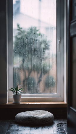 Serene Meditation Space with Cushion by Rainy Window for Tranquil Home Decor and Relaxationの素材