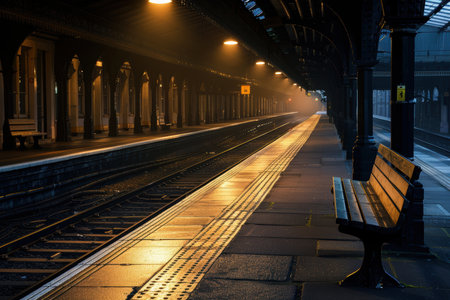 Serene Dawn at Deserted Station Platform Illuminated by Warm Sunrise Glowの素材