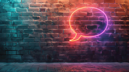 Neon Speech Bubble on Brick Wall for Urban Art and Design, Poster, or Modern Printの素材
