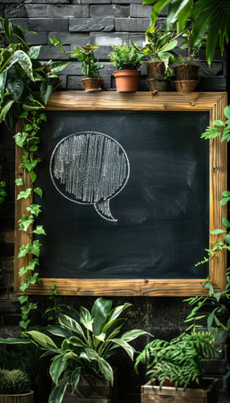 Rustic Chalkboard Speech Bubble with Wooden Frame and Decorative Plants for Creative Content Designの素材