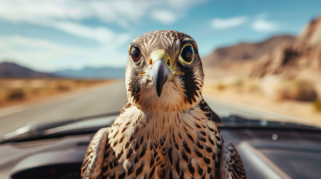 Falcons Intense Gaze Symbolizing Advanced Self-Driving Vehicle Sensorsの素材