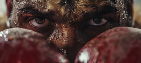 Fearlessness and Dominance: Boxer with Roaring Lion Reflection Symbolizing Strength in Sportsの素材