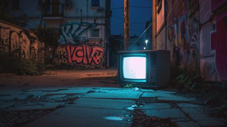 Gritty Urban Nightscape with Graffiti and Retro TV on Neon-Lit Sidewalk for Edgy Design Conceptsの素材