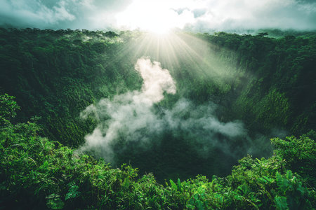 Dramatic Volcanic Crater in Lush Jungle with Sun Rays and Steam for Nature Exploration Designの素材