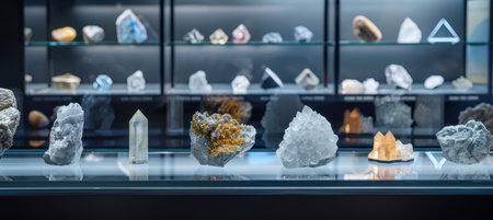 Pristine Display of Rare Earth Minerals with Atomic Symbols on Glass Surface in Soft Lightingの素材