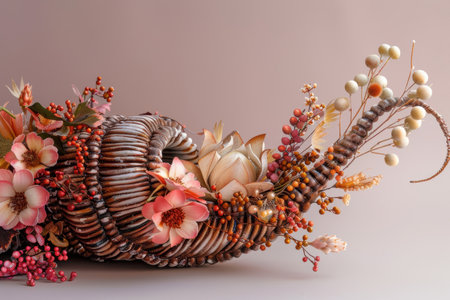 Handcrafted Cornucopia with Seasonal Flowers and Berries for Autumn Decor and Festive Designの素材