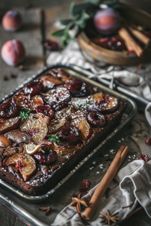 Festive Plum Cake with Holiday Spices and Dried Fruits on Silver Trayの素材