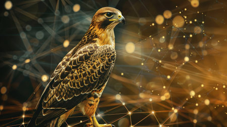 Golden Falcon on Blockchain Grid Symbolizing Cryptocurrency Security and Trustの素材