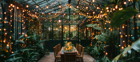 Luxurious Greenhouse Dining Experience with String Lights and Lush Greenery Ambianceの素材