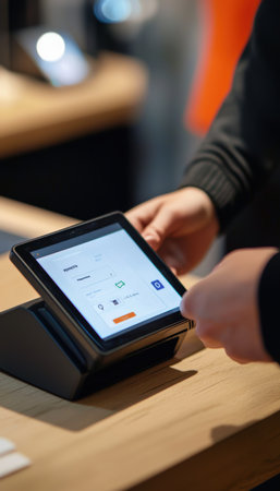 Shopify checkout interface displayed on a tablet, featuring large, clear buttons for a smooth, efficient transaction process. emphasizes user-friendliness and convenience for seamless online shopping with improved consumer confidence.の素材