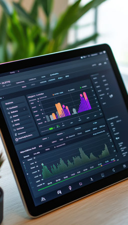Shopify analytics dashboard displayed on a tablet, showcasing data on best-selling items, customer demographics, and daily traffic with organized, colorful graphs for strategic business insights.の素材
