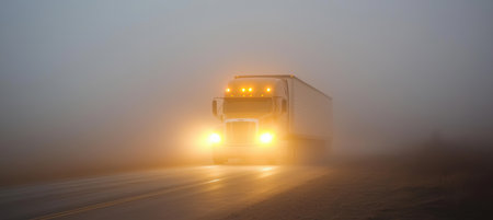A semi truck travels through dense fog on a secluded road, its headlights cutting through the mist. the scene evokes mystery and highlights the challenges and skill required for driving in low visibility conditions.の素材