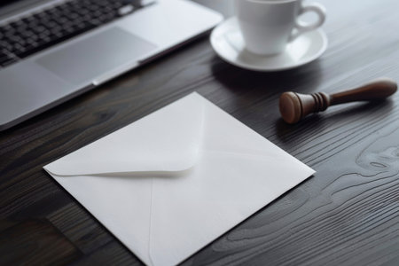 A sleek white envelope featuring a corporate logo and wax seal rests on a dark wooden desk. nearby, a laptop and coffee cup evoke a contemporary office environment. this composition symbolizes professionalism and attention to detail.の素材