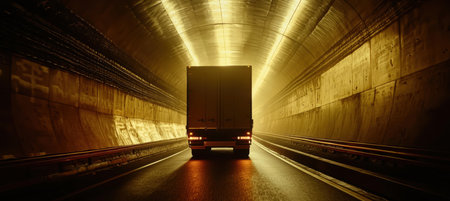 A long-haul truck is driving through a brightly lit tunnel, creating an atmosphere of anticipation and progress. the artificial lights highlight the truck's silhouette and guide its forward momentum, emphasizing themes of transportation and journey.の素材
