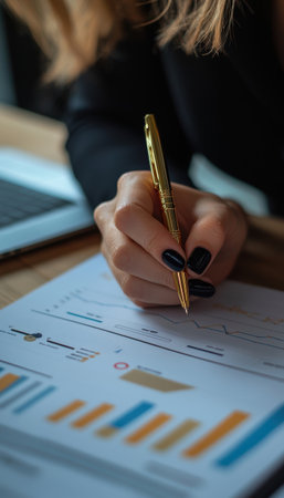 A businesswoman's hand holding a gold pen signs a financial contract with graphs and data charts nearby. a laptop in the background suggests a modern office setting, emphasizing professionalism and financial management.の素材