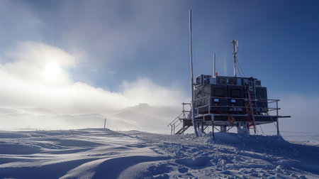Researchers at a high altitude station analyze climate change and atmospheric conditions using advanced equipment. snow-covered terrain surrounds the station against a backdrop of clear blue skies, reflecting the harsh, cold environment.の素材