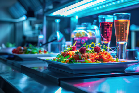 A vibrant display of culinary creativity in a futuristic kitchen where chefs employ molecular gastronomy techniques. advanced tools and colorful dishes highlight the innovative approach to food preparation in this dynamic environment.の素材