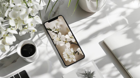 Modern workspace showcasing a smartphone with a floral display, surrounded by a sleek laptop, coffee cup, and white flowers. shadows and natural light create a calming atmosphere, perfect for creative inspiration and productivity.の素材