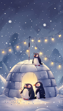 Penguin family creating a magical winter scene, adorning an igloo with golden fairy lights under a snowy night sky. snowflakes gently fall as the whimsical scene exudes warmth and festive spirit, perfect for holiday designs.の素材