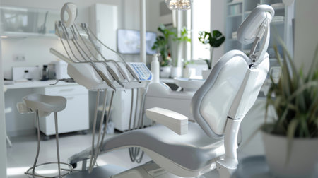Modern dental chair with an aluminum frame and advanced controls positioned in a bright, contemporary clinic. the setting features sleek equipment and lush greenery, creating a professional yet welcoming environment for dental care.の素材