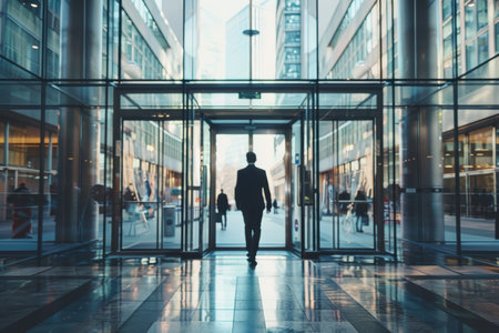 A professional scene of a job candidate walking into a contemporary office building. the glass doors reflect the bustling city skyline, symbolizing ambition and opportunity, making it ideal for career-oriented visuals and motivational designs.の素材