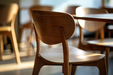 Detailed close-up of a wooden dining chair, its ergonomic, curved design and smooth finish. the craftsmanship is emphasized through soft, natural lighting, presenting an elegant and sophisticated furniture piece for modern interiors.の素材