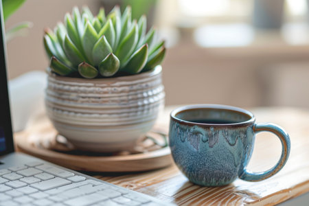 A contemporary desk setup featuring a sleek wireless keyboard, a textured ceramic mug filled with coffee, and a green potted succulent. arranged on a light wooden surface, it exudes a sense of calm and modern productivity.の素材