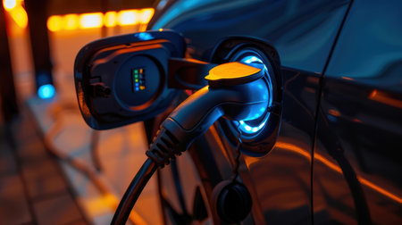 A detailed close-up view of an electric vehicle charging cable being connected, the softly glowing charging port. emphasizes sustainable transport, modern technology, and clean energy solutions for eco-friendly living.の素材