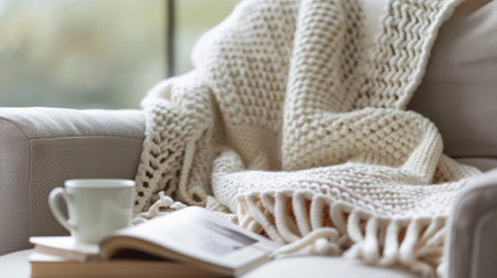 A cozy scene featuring a close-up of a textured woven throw blanket draped elegantly over a modern armchair. nearby, an open book and a steaming cup of coffee evoke a sense of warmth and relaxation, perfect for leisurely moments.の素材