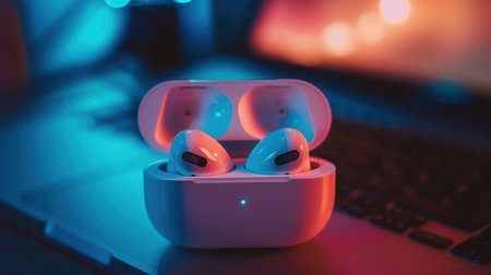 Wireless earbuds rest in an open charging case, with soft, colorful lighting their sleek design. in the background, a blurred laptop adds a modern, tech-savvy ambiance, emphasizing convenience and connectivity.の素材