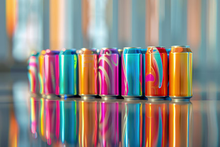 Modern aluminum beverage cans showcasing vibrant, colorful designs arranged on a reflective surface. the scene highlights branding creativity and design, perfect for advertising, marketing materials, or print media emphasizing contemporary consumer products.の素材