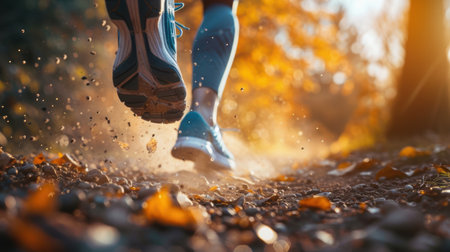 Close-up of running shoes on a dirt trail, scattering dust and dry leaves under gentle morning sunlight. highlights the dynamic energy of outdoor fitness, embracing nature and movement. perfect for promoting active lifestyles and outdoor adventures.の素材