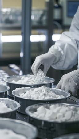 In a sterile laboratory environment, a scientist wearing gloves meticulously handles rare earth mineral powders. the focus is on the precision weighing and packaging process, the importance of careful material management.の素材