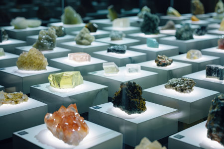 Rare earth mineral samples are showcased in a museum exhibit, each carefully labeled and highlighted by soft lighting. the arrangement emphasizes their unique textures and colors, offering insight into geology and earth sciences.の素材