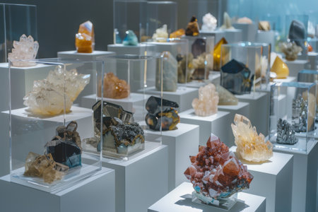 Rare earth mineral crystals are showcased on glass pedestals in a modern exhibition. the strategically arranged samples are illuminated by soft, focused lighting, their intricate structures and vibrant colors against a neutral background.の素材