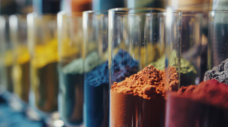 Rare earth mineral powders in vibrant colors fill glass beakers, their distinct textures and fine granules, perfect for scientific research and industrial analysis. the blurred background emphasizes the vivid hues and details.の素材