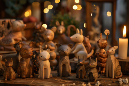 Handcrafted wooden animal figurines are artfully arranged on a rustic table, accentuated by soft, warm lighting. the scene includes various animals and evokes a cozy, whimsical atmosphere ideal for decorative or thematic use.の素材