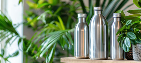 Aluminum water bottles showcased against a backdrop of vibrant green plants, emphasizing eco-friendly and sustainable choices. highlighting the blend of modern design and nature, these bottles offer a stylish, reusable alternative to plastic.の素材