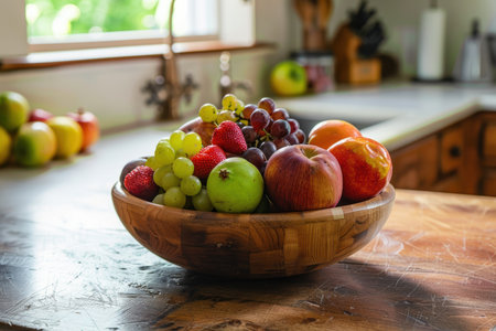 Freshly picked fruits fill a wooden bowl on a rustic kitchen countertop, illuminated by natural sunlight. grapes, apples, and strawberries showcase vibrant colors and textures. the scene embodies a wholesome, natural lifestyle.の素材