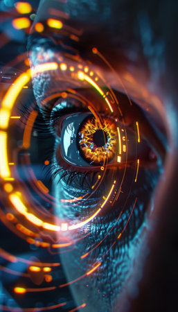 A close-up view of an eye engaged in a high-tech iris recognition system. the glowing circular interface showcases a sophisticated biometric data display, cutting-edge identification technology in a futuristic setting.の素材
