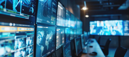 A corporate security command center equipped with multiple monitors showcasing real-time security feeds and data analytics. the setup ensures efficient building security management and monitoring through advanced technology and comprehensive reporting.の素材