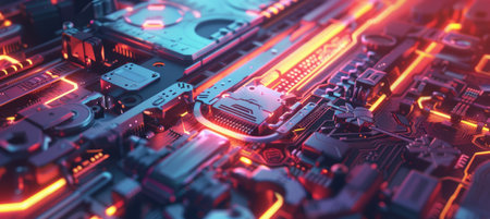 A detailed rendering of a glowing ai chip integrated into a sleek circuit board. the scene features vibrant lighting accents that highlight the advanced technology and intricate patterns of the board, offering a futuristic aesthetic.の素材