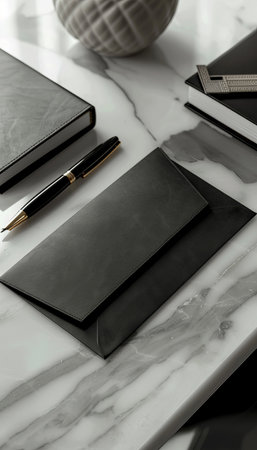 A sleek black invitation envelope elegantly arranged on a marble desk, accompanied by a luxury pen and business cards. the scene exudes sophistication, ideal for corporate events or professional gatherings requiring a touch of class.の素材