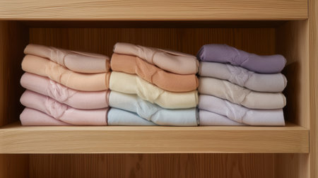 Neatly folded cashmere sweaters in serene pastel shades are stacked on a wooden shelf. the soft textures and harmonious colors convey warmth and elegance, suitable for winter fashion inspirations or home decor settings.の素材