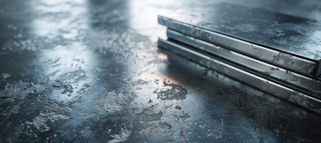 Rare earth mineral rods stacked neatly, showcasing their smooth and reflective finish on a polished metal surface. the light emphasizes the industrial aesthetic, the precision and quality of the manufacturing process.の素材
