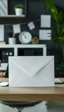 White business envelope on a contemporary office desk with a sleek design. the workspace includes modern elements like a computer monitor, office supplies, and greenery, reflecting a professional and organized environment.の素材
