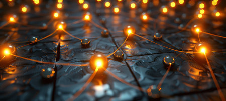 A striking abstract scene depicting luminous 3d network nodes interlinked by shimmering threads, set on a metallic surface. the futuristic aesthetic emphasizes connectivity and data flow, ideal for tech and digital communication themes.の素材
